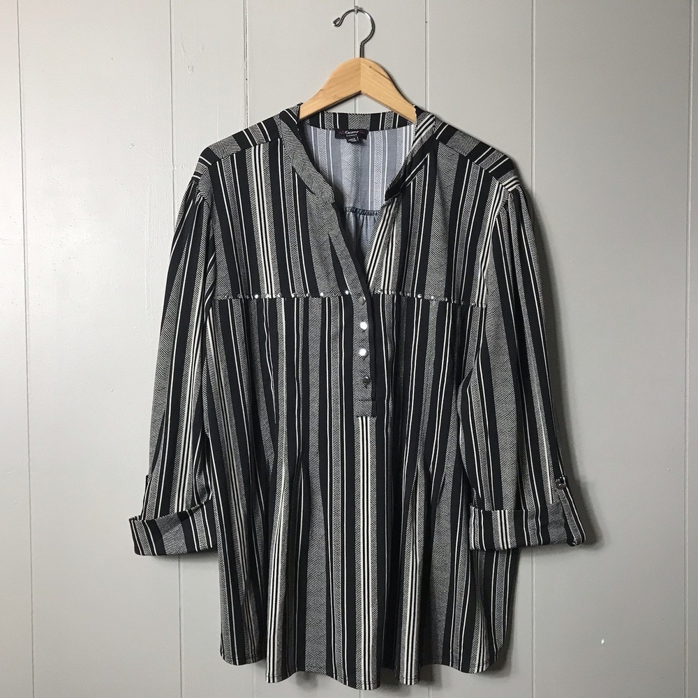 COCOMO BLACK HERRINGBONE STRIPED LIQUID KNIT V NECK PINTUCK TUNIC WOMENS SIZE 3X